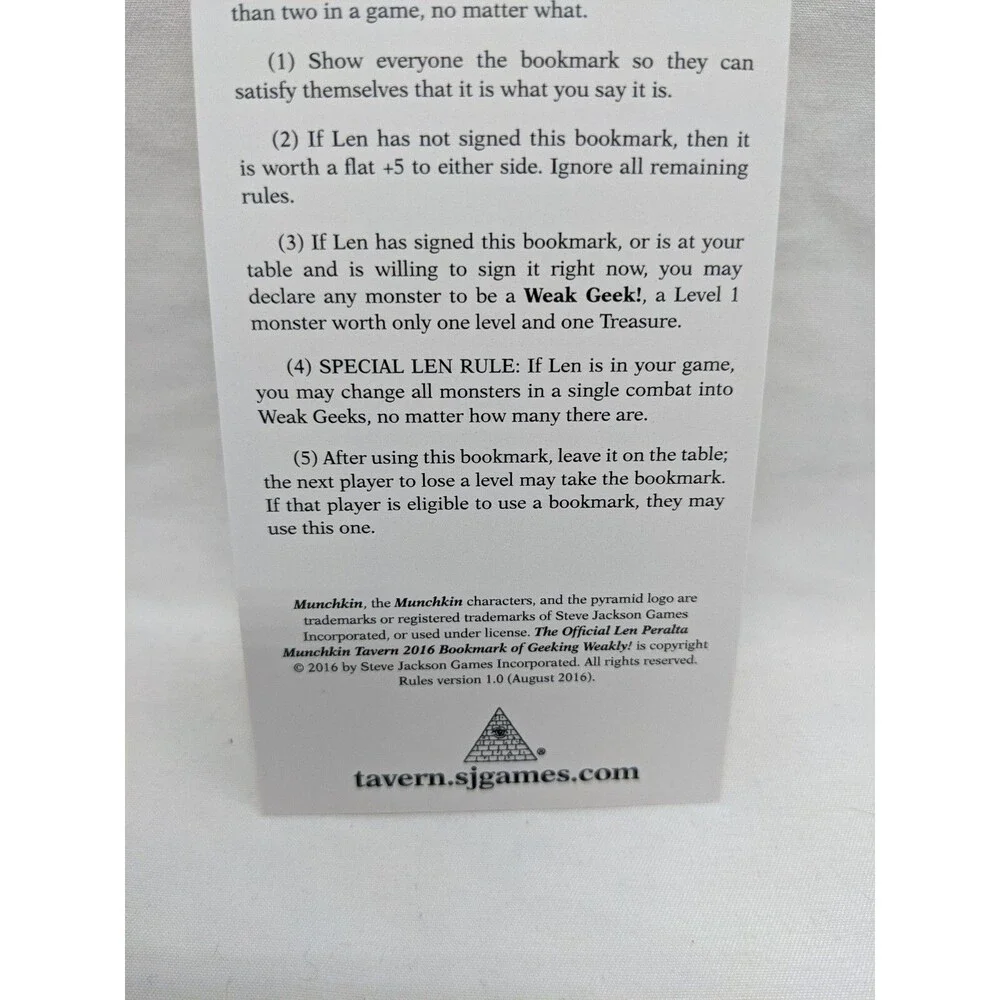The Official Len Peralta Munchkin Tavern 2016 Bookmark Of Geeking Weakly Promo